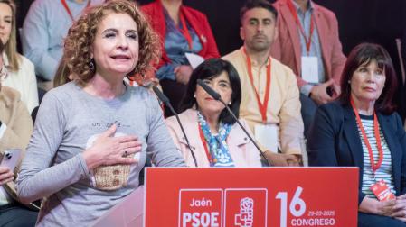 La ministra María Jesús Montero durante su intervención en la inauguración del Congreso Provincial del PSOE de Jaén, este sábado
