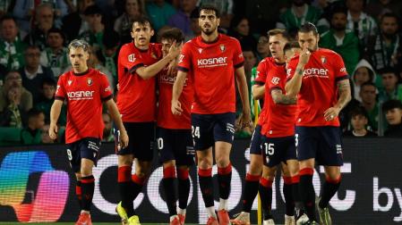 Los futbolistas de Osasuna celebran el gol de Ante Budimir frente al Real Betis