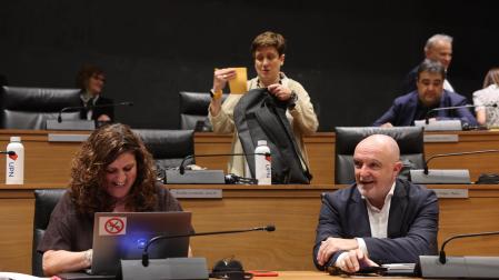 La parlamentaria de UPN Marta Álvarez, sentada junto a Javier Esparza, ha lucido una pegatina comntra los recortes.