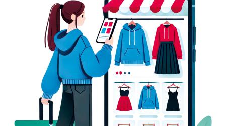 Ilustración de una joven vendiendo ropa