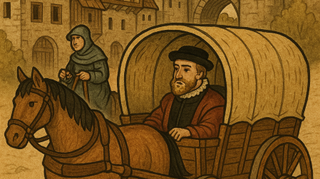 Un carruaje llega a un pueblo medieval