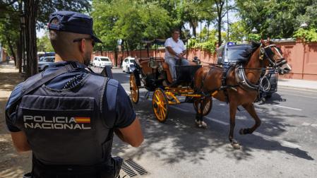 Un agente de la Policía Nacional observa el paso de un coche de caballos en una calle de Sevilla en el operativo de seguridad ante al cumbre de la ONU /