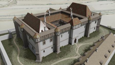 Recreación virtual del Castillo de Tiebas a mediados del siglo XIII. Destacan sus tejados de tuiles vernissées (tejas vidriadas francesas) formando motivos geométricos.