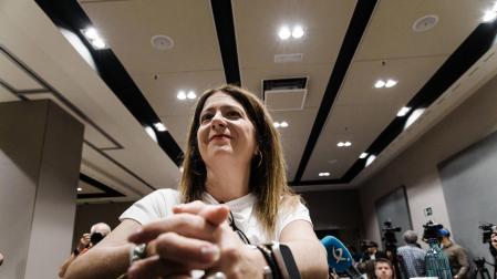 Leire Díez, durante la rueda de prensa que ofreció el pasado mes de junio