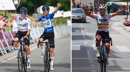 De izda. a dcha., Iker Gómez y Unai Ramos en la Vuelta a Navarra 2025 y la navarra Paula Ostiz, que será referente de España en Kigali /