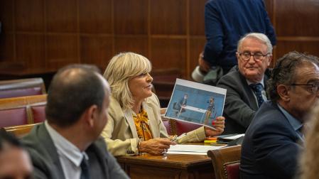 La senadora de UPN, María Caballero, muestra el saludo de Chivite a Cerdán cuando este llegaba al Parlamento navarro, el 30 de octubre de 2020, fotografía de Diario de Navarra