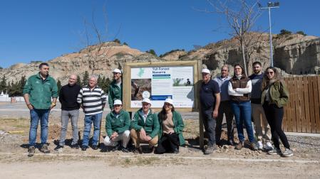 Imagen de los asistentes a la presentación este miércoles en Arguedas del proyecto TUI Forest Navarra, de restauración de 91 hectáreas de monte afectadas por el incendio de 2022 y que, posteriormente, participaron en una plantación simbólica de varios árboles junto al futuro parking de caravanas de esta villa ribera