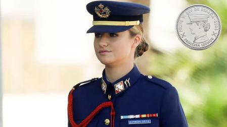 La princesa Leonor, con el uniforme del Ejército del Aire. A la derecha, la nueva moneda
