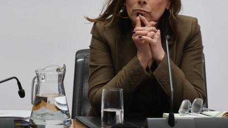 La expresidenta del Gobierno de Navarra Uxue Barkos, durante su comparecencia en la comisión que investiga la adjudicación de obra pública a Servinabar