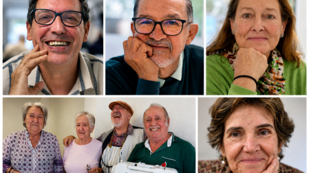 Arriba: Miguel Ángel Ortiz, 62 años, Rubén Darío (70), María Ángeles Hernández ((71). Abajo: Txaro Olleta (70), Sagrario Aragón (71), Juanjo Aragón (74) y Montse Port (68).