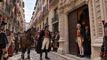 Recreación con IA del momento en el que Francisco Espoz y Mina se detiene ante al palacio de Ezpeleta, virrey de Navarra