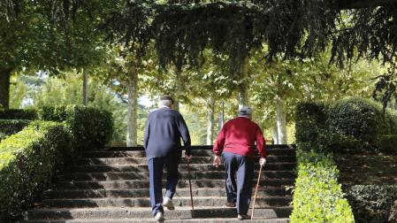 Dos mayores, apoyados en un bastón, suben escaleras en La Taconera, en Pamplona.