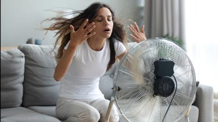 Una mujer se refresca delante de un ventilador