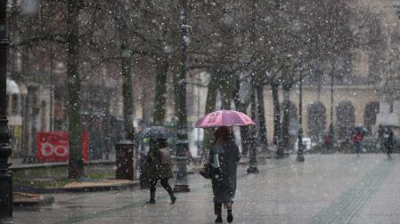 Copos de nieve en el Paseo Sarasate de Pamplona