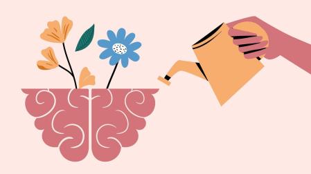 Ilustración de una regadera aportándole agua a un cerebro con flores