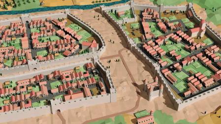 Una recreación de Iker Ibero de los tres burgos de Pamplona, el de San Nicolás en primer término; el de San Cernin  arriba, y ea la derecha  el de Navarrería, que fue prácticamente destruido en la guerra