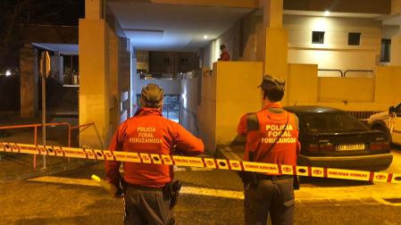 Dos agentes de la Policía Foral, ante el domicilio donde se produjeron los hechos./