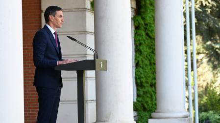 El presidente del Gobierno, Pedro Sánchez, durante su comparecencia institucional en La Moncloa este lunes 29 de abril