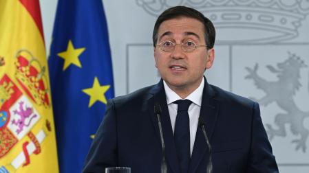 El ministro de Asuntos Exteriores, Unión Europea y Cooperación, José Manuel Albares, durante su comparecencia institucional, en el Complejo de la Moncloa