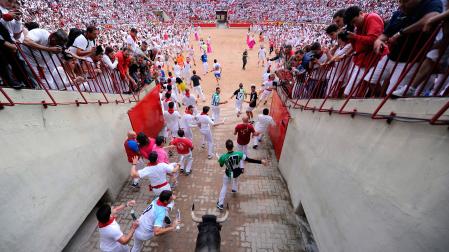 Un toro de la ganadería de José Escolar entra en la plaza de toros de Pamplona en un encierro de 2017