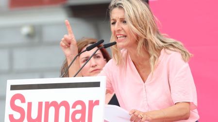 Yolanda Díaz durante un mitín de Sumar en la campaña electoral de las europeas