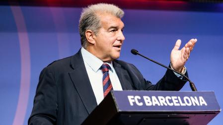 El presidente del FC Barcelona, Joan Laporta, durante la rueda de prensa de este martes