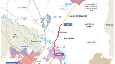Mapa con las áreas regables de la segunda fase del Canal de Navarra