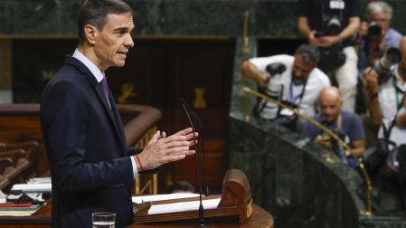 El presidente del Gobierno, Pedro Sánchez interviene en el pleno del Congreso de los Diputados este miércoles
