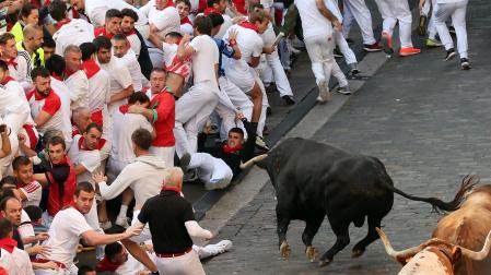 Fotos del séptimo encierro de San Fermín 2025 con toros de La Palmosilla. |