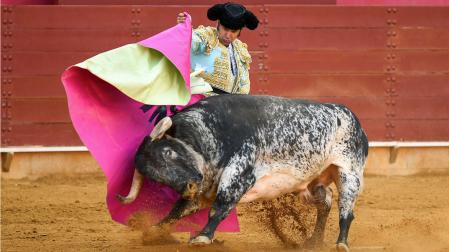 Morante de la Puebla da un pase a su primer astado durante la corrida de toros celebrada este domingo en el coso de Roquetas de Mar