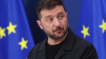 El presidente de Ucrania, Volodímir Zelenski, tras su encuentro este domingo en Bruselas con Ursula von der Leyen