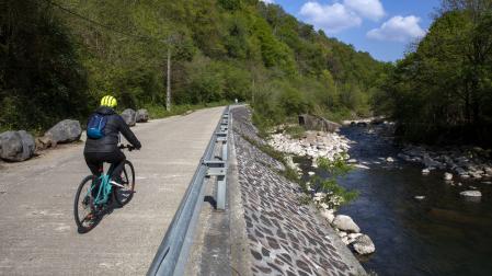 Un cicloturista circula por la vía verde paralela al río Bidasoa.