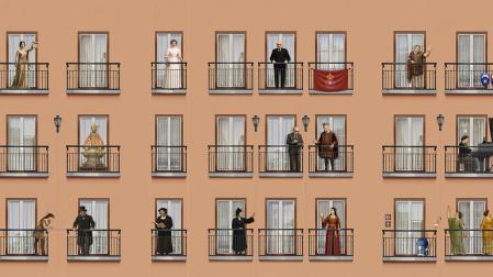 Parte de la lona que cubrirá Casa Seminario durante sus obras con los personajes históricos y emblemáticos /