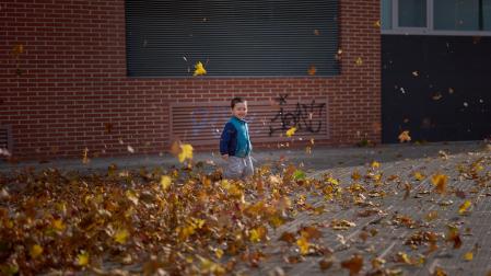 Un niño juega con hojas en Pamplona, una mañana de este otoño.