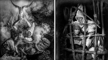 Dos de las imágenes del libro 'Zugarramurdi 1610', que reflejan un akelarre y a unas mujeres encarceladas tras ser acusadas de brujería