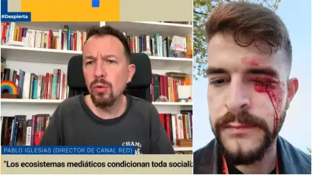 Momento del vídeo en el que Pablo Iglesias acusa al periodista apaleado en Pamplona de ser un infiltrado de la policía.