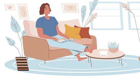 Ilustración de una mujer en el salón de su casa