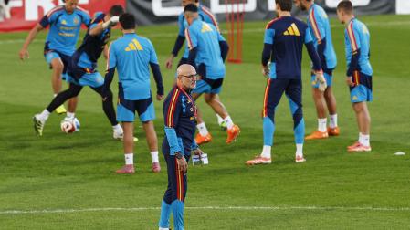 El seleccionador español de fútbol, Luis de la Fuente, durante el entrenamiento del equipo este lunes 17 de noviembre en el estadio de la Ciudad Deportiva del Sevilla, en la víspera del partido de la fase de clasificación para el Mundial 2026 que les enfrenta a Turquía /