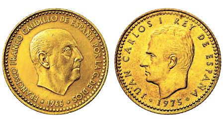 Monedas con las caras de Francisco Franco y el rey Juan Carlos I /