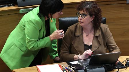 Los portavoces de EH Bildu y PSN, Laura Aznal y Ainhoa Unzu, en el Parlamento, durante una sesión plenaria