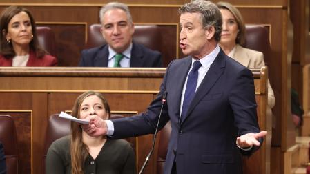 El presidente del Partido Popular, Alberto Núñez Feijóo, interviene durante una sesión de control al Gobierno, en el Congreso de los Diputados