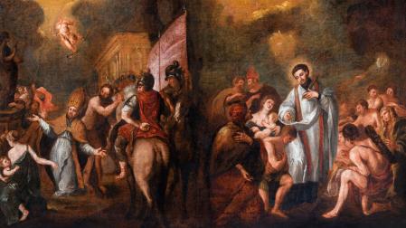 Lienzo con las dos escenas de los copatronos navarros, fines del siglo XVII.