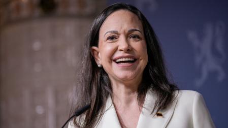 La Premio Nobel de la Paz 2025, María Corina Machado, en la rueda de prensa que ha ofrecido este jueves en Oslo junto al primer ministro noruego, Jonas Gahr Store