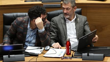 Javier Lecumberr (izquierda), en el Parlamento de Navarra junto a Ramón Alzórriz