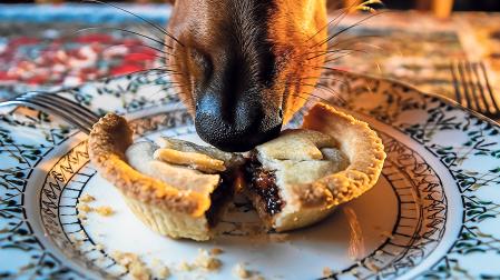 Un perro mete el morro en un plato con restos de comida