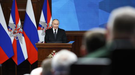 Putin, en su intervención este miércoles ante la plana mayor del Ejército y el Ministerio de Defensa rusos.