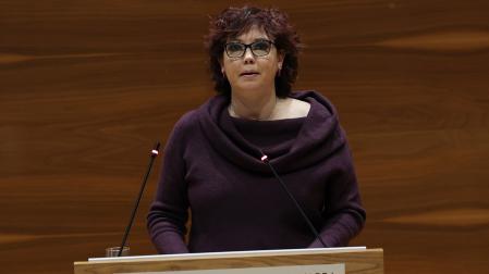 La parlamentaria socialista Ainhoa Unzu, durante su intervención de este jueves en el Parlamento de Navarra