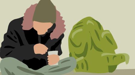 Ilustración de una persona sin hogar pidiendo en la calle