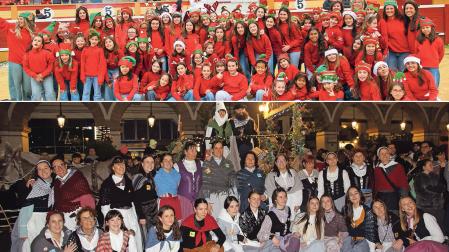 CON PAPÁ NOEL... Alumnas y monitoras del Gimnasio Fitness de Tudela se fotografiaron junto a Papá Noel tras ser recibido en la plaza de toros. ...Y CON OLENTZERO Y MARI DOMINGI Las dantzaris que escoltaron a Olentzero y Mari Domingi posaron con ellos en la plaza de los Fueros.
