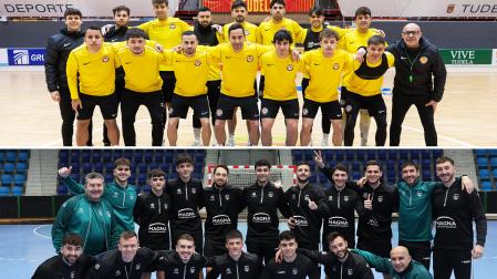 Los jugadores y el cuerpo técnico del ATP RIbera (arriba) y de Osasuna Magna (debajo) antes del derbi